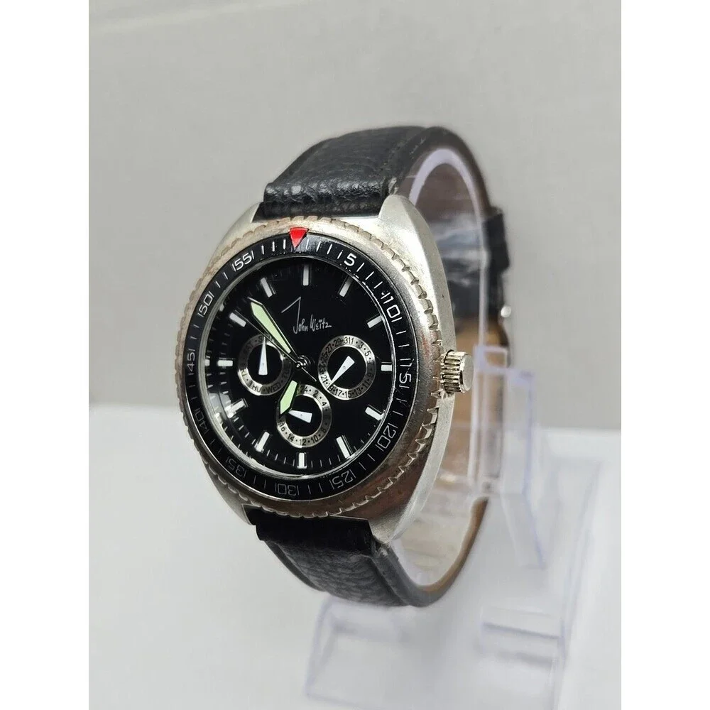 John Weitz JW209 Mens Day Date 24 Hour Black Dial Leather Wristwatch New Battery